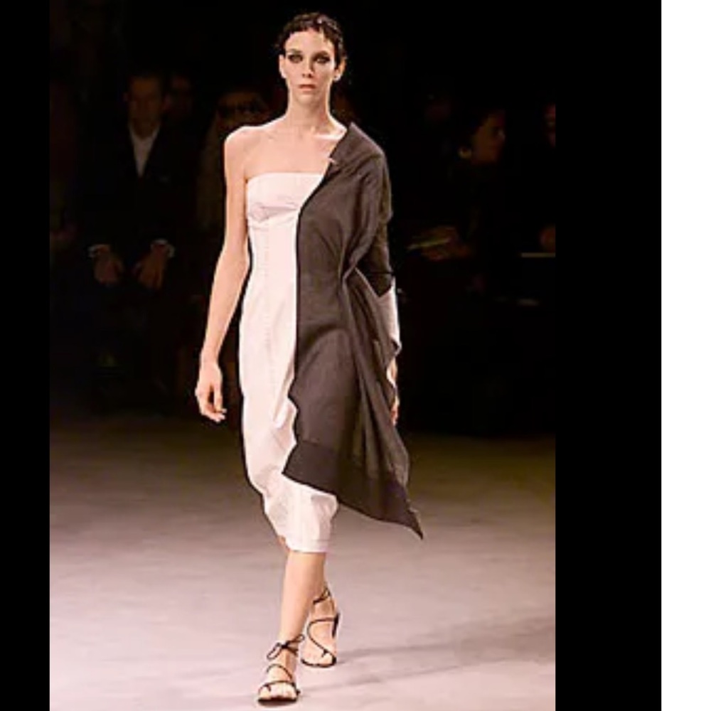 Yohji Yamamoto Monochrome Contrast Dress being displayed in museum